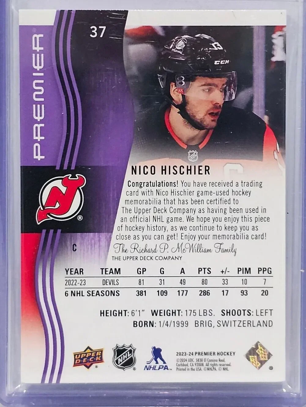 2023-24 Upper Deck Premier Nico Hischier Game-Used Hockey Memorabilia SSP LE